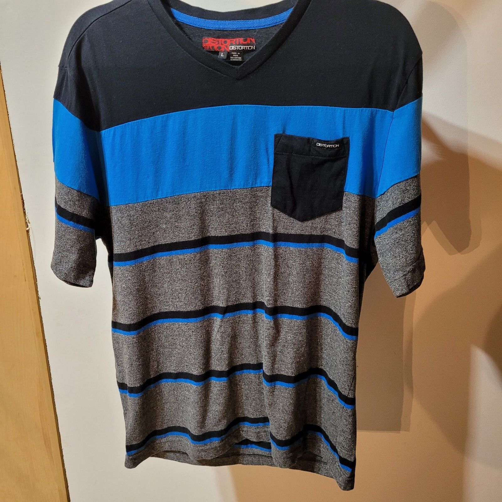 Mens Distoration Sriped Pullover Short With Pocket Sz L Blue/Black And Gray